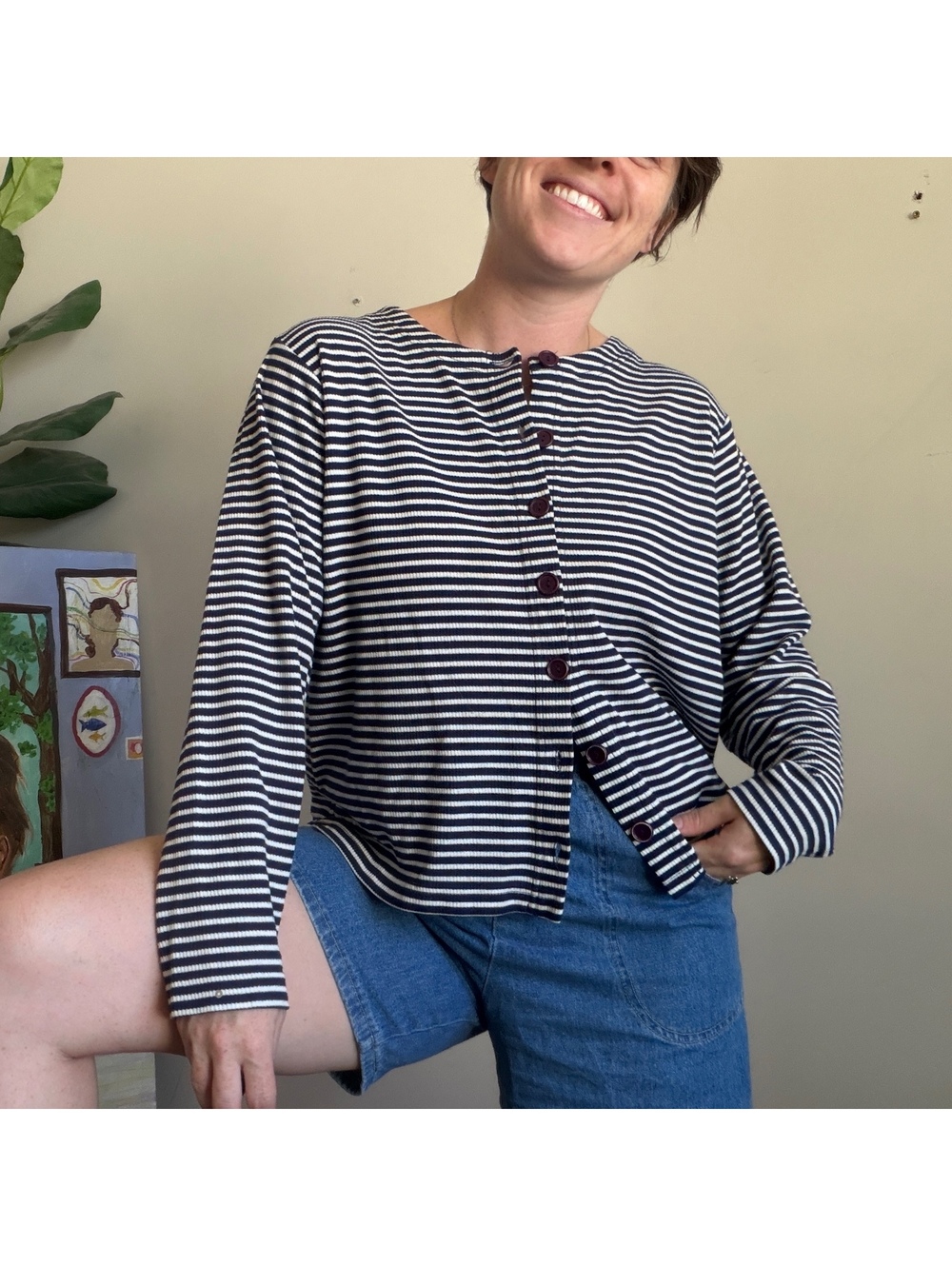 Vintage 90s striped cardigan with big buttons boxy striped long-sleeve top